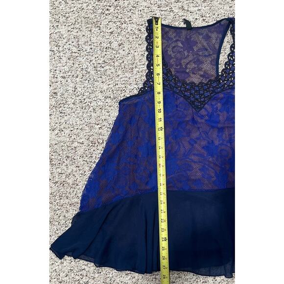 Free People Indigo Blue Chiffon Ruffle Hem Lace Sheer Swing Tank Top Small S - Picture 7 of 9